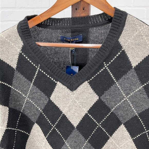 Club Room Sweater Mens XLarge Black Gray Argyle Lambswool Relaxed Classic Preppy - Picture 2 of 11